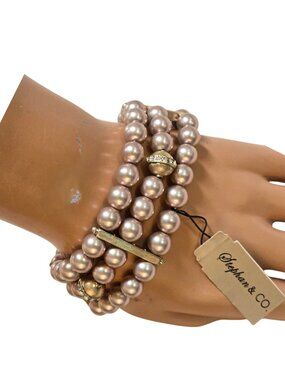 Stephan & Co Women's Coffee Faux Pearl Triple Strand Stretch Bracelet NWT